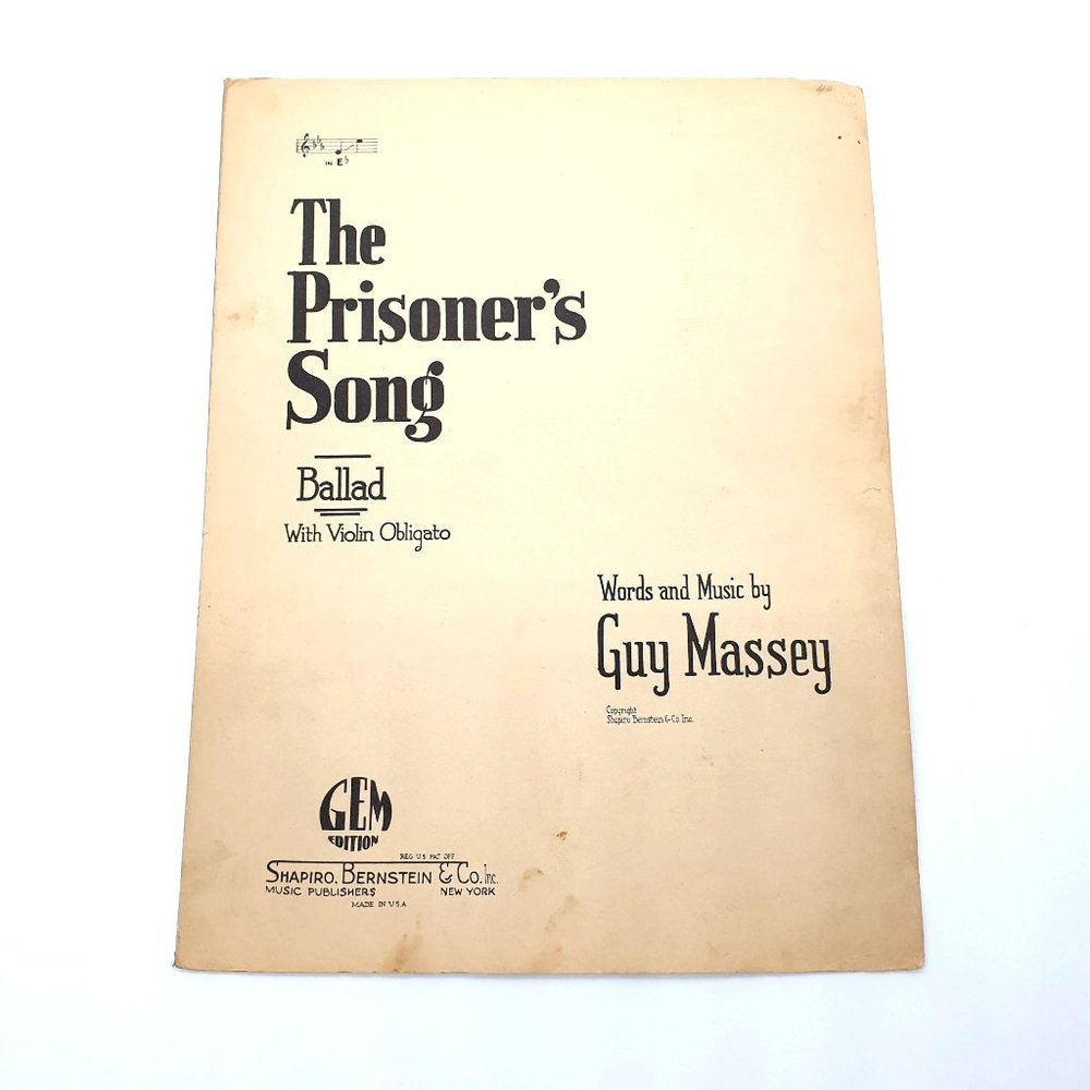 Vintage Sheet Music The Prisoners Song 1924 Voice Violin Piano Obligato Massey